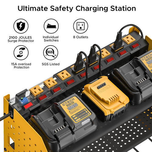3 Layers Power Tools Organizer Wall Mount with Charging Station, Garage Tool Storage Rack Shelf with 8-Outlet Individual Switches Power Strip