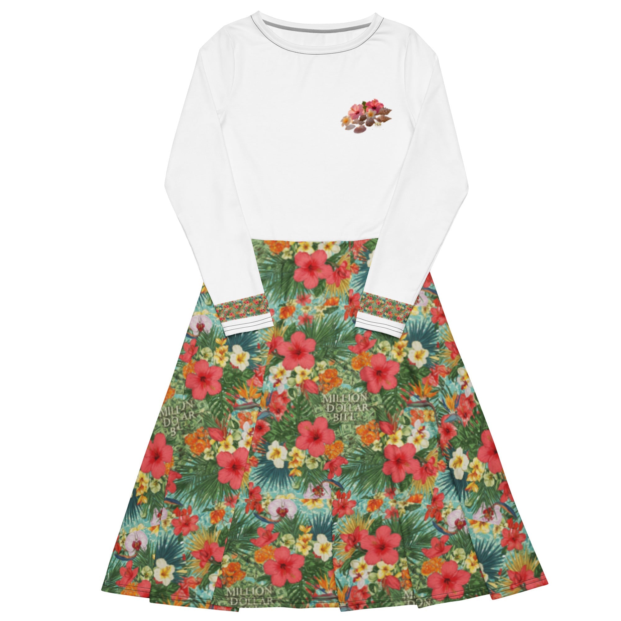 MDB Co. "FLORAL FORTUNE" Half-All-over print long sleeve midi dress